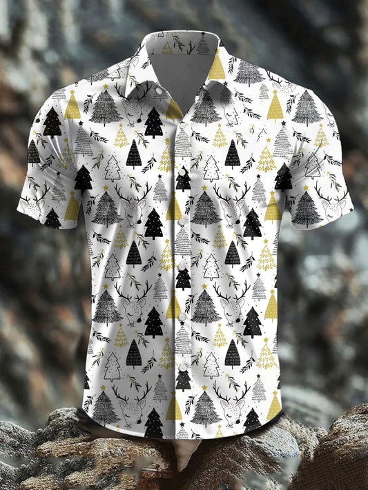 Men's  Retro Christmas Tree Art Abstract Print Casual Cotton Short Sleeve Shirt