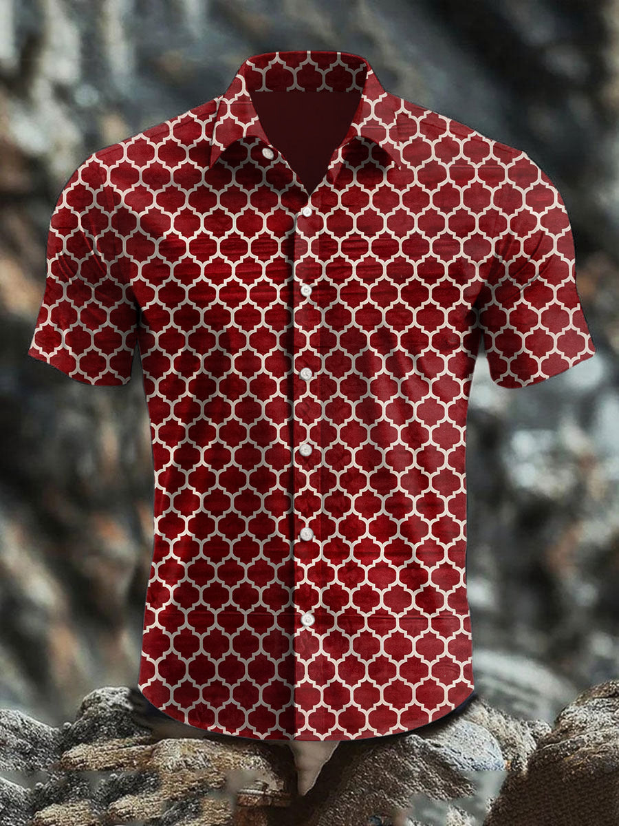 Men's  Retro Christmas Tartan Art Abstract Print Casual Cotton Short Sleeve Shirt