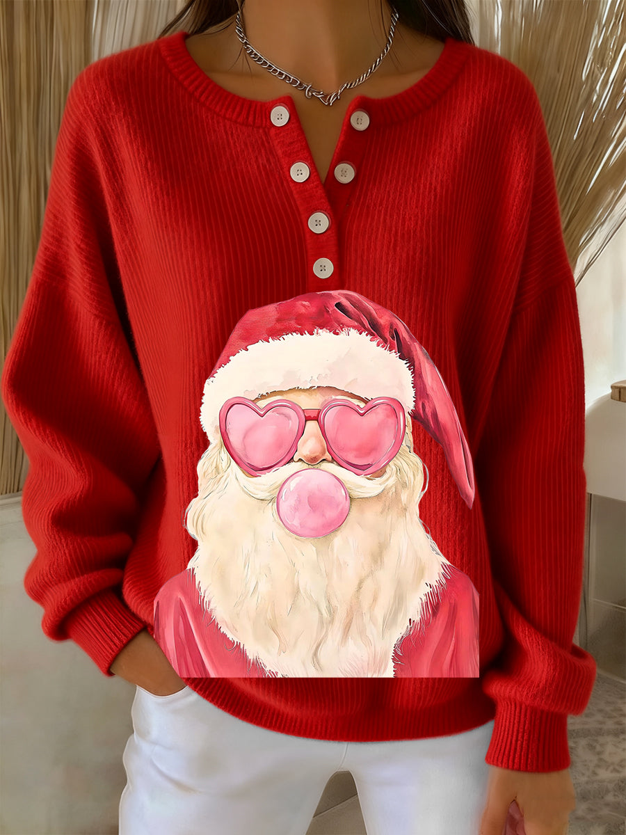 Women's Retro Fun Christmas Santa Blowing Bubbles Print Long-sleeve Sweater