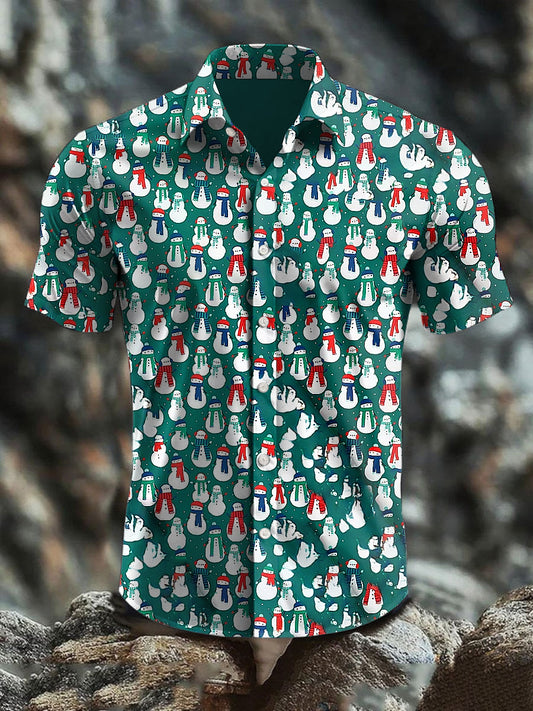 Men's  Retro Christmas Snowman Art Abstract Print Casual Cotton Short Sleeve Shirt