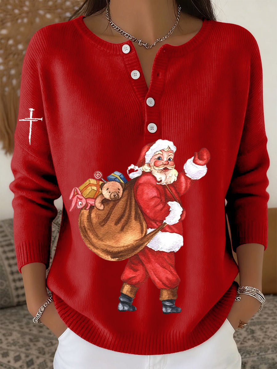 Women's Retro Faith The Santa Print Long-sleeve Sweater