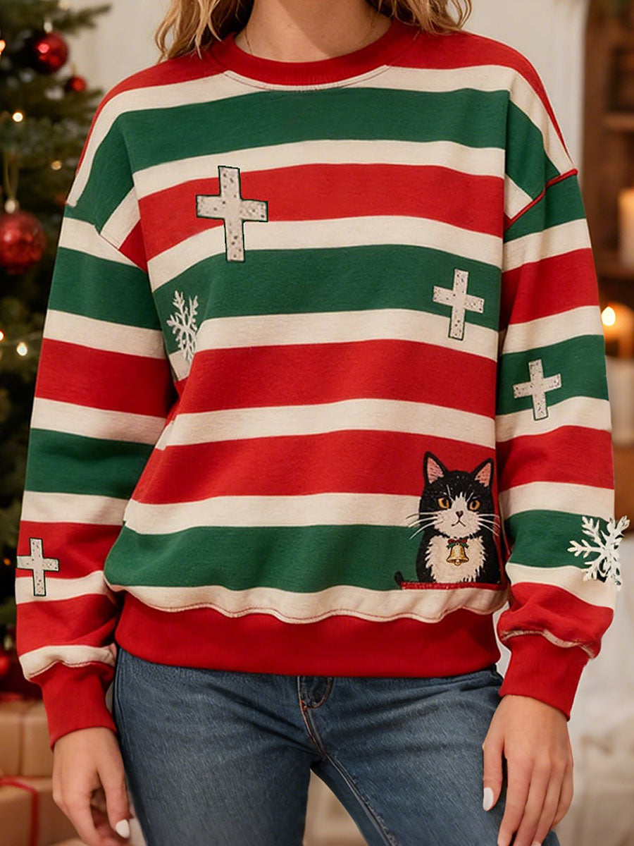Women's Christmas Black Cat Print Striped Sweatshirts