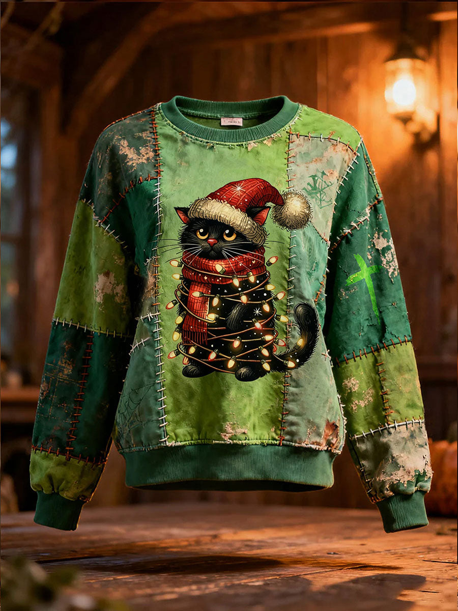 Women's Christmas Black Cat Print Sweatshirts