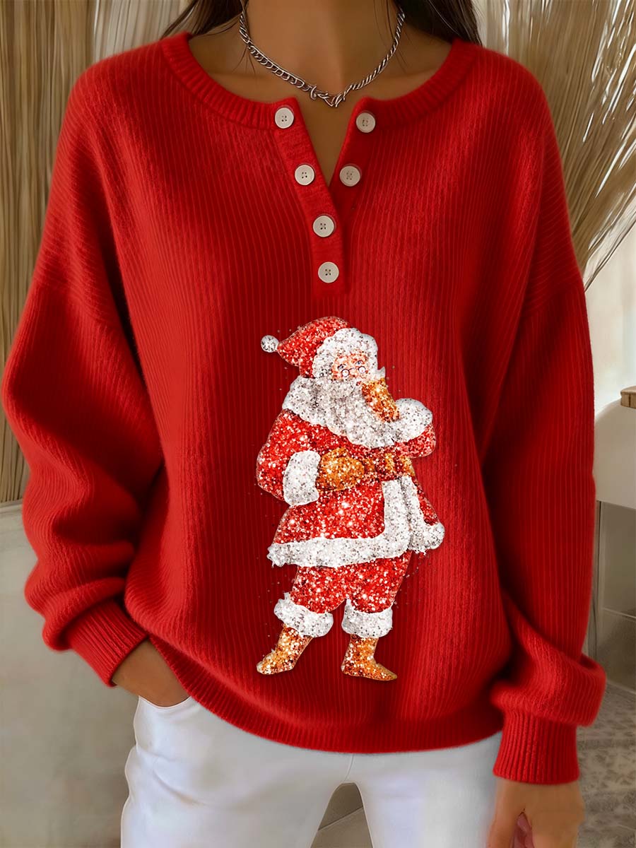 Women's Retro Santa Claus Sequins Print Long-sleeve Sweater