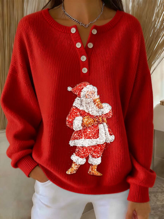 Women's Retro Santa Claus Sequins Print Long-sleeve Sweater
