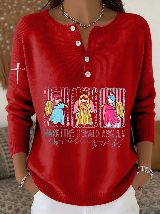 Women's Retro Faith Christmas Jesus Angel Print Long-sleeve Sweater