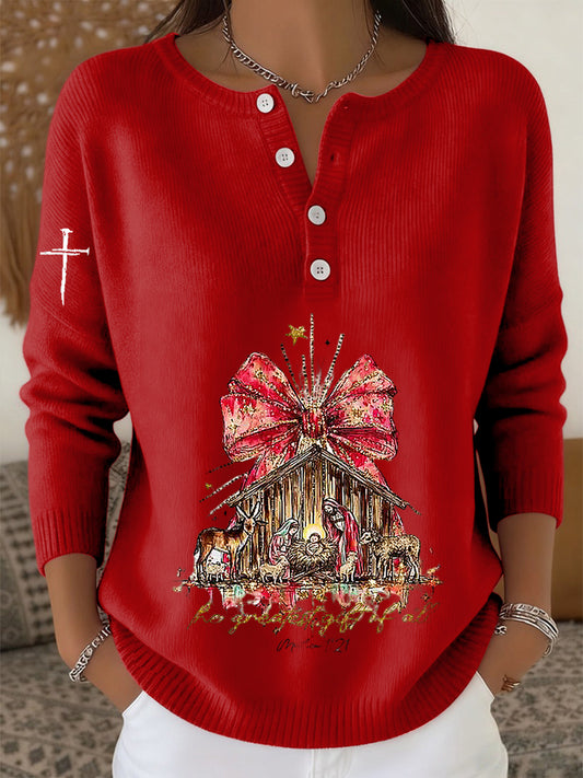 Women's Vintage Faith Christmas Castle Print Long-sleeve Sweater
