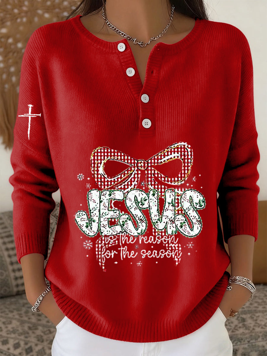 Women's Retro Faith Christmas Jesus Bow Print Long-sleeve Sweater