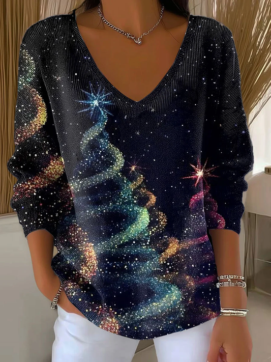 Women's Christmas tree print V-Neck Ribbed Top
