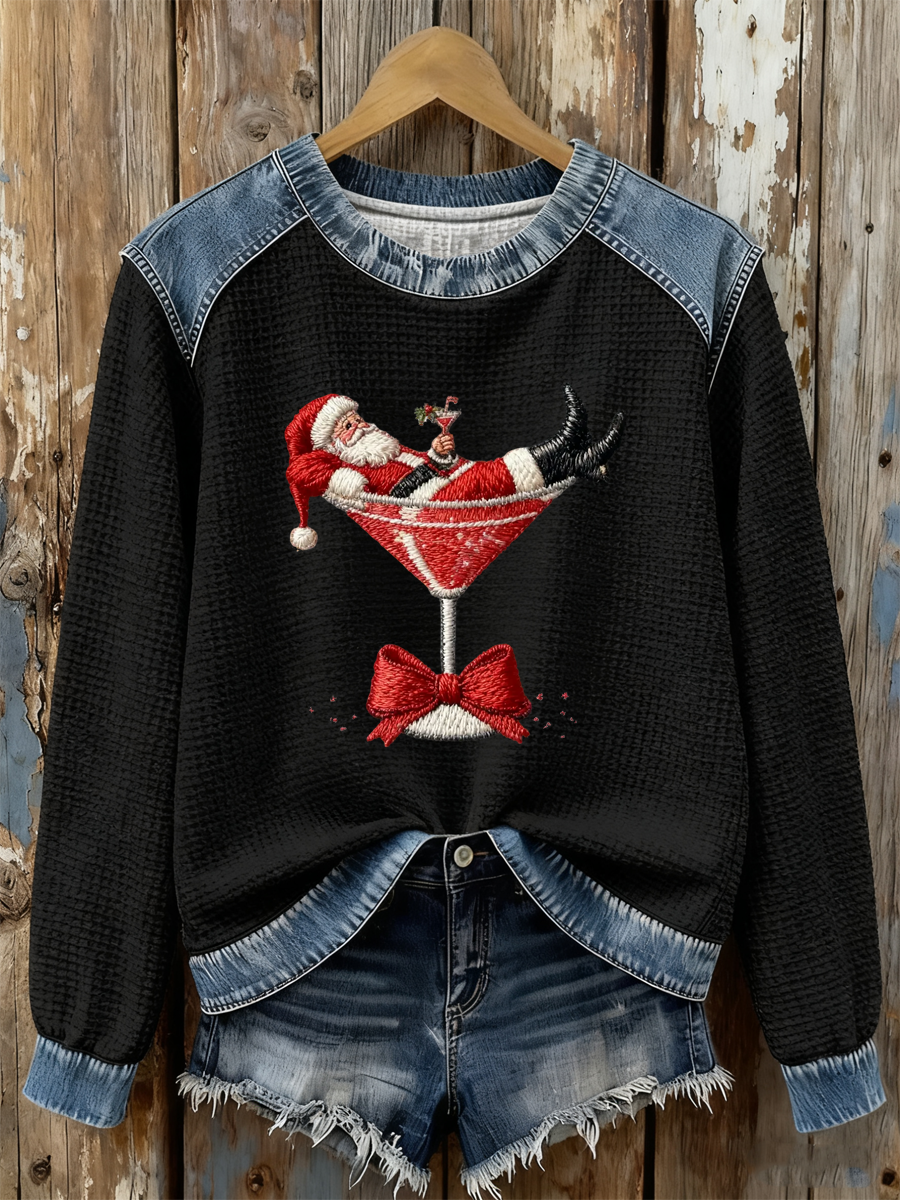 Women's Santa Claus sitting on a wine glass Print waffle Sweatshirt