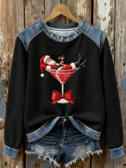 Women's Santa Claus sitting on a wine glass Print waffle Sweatshirt