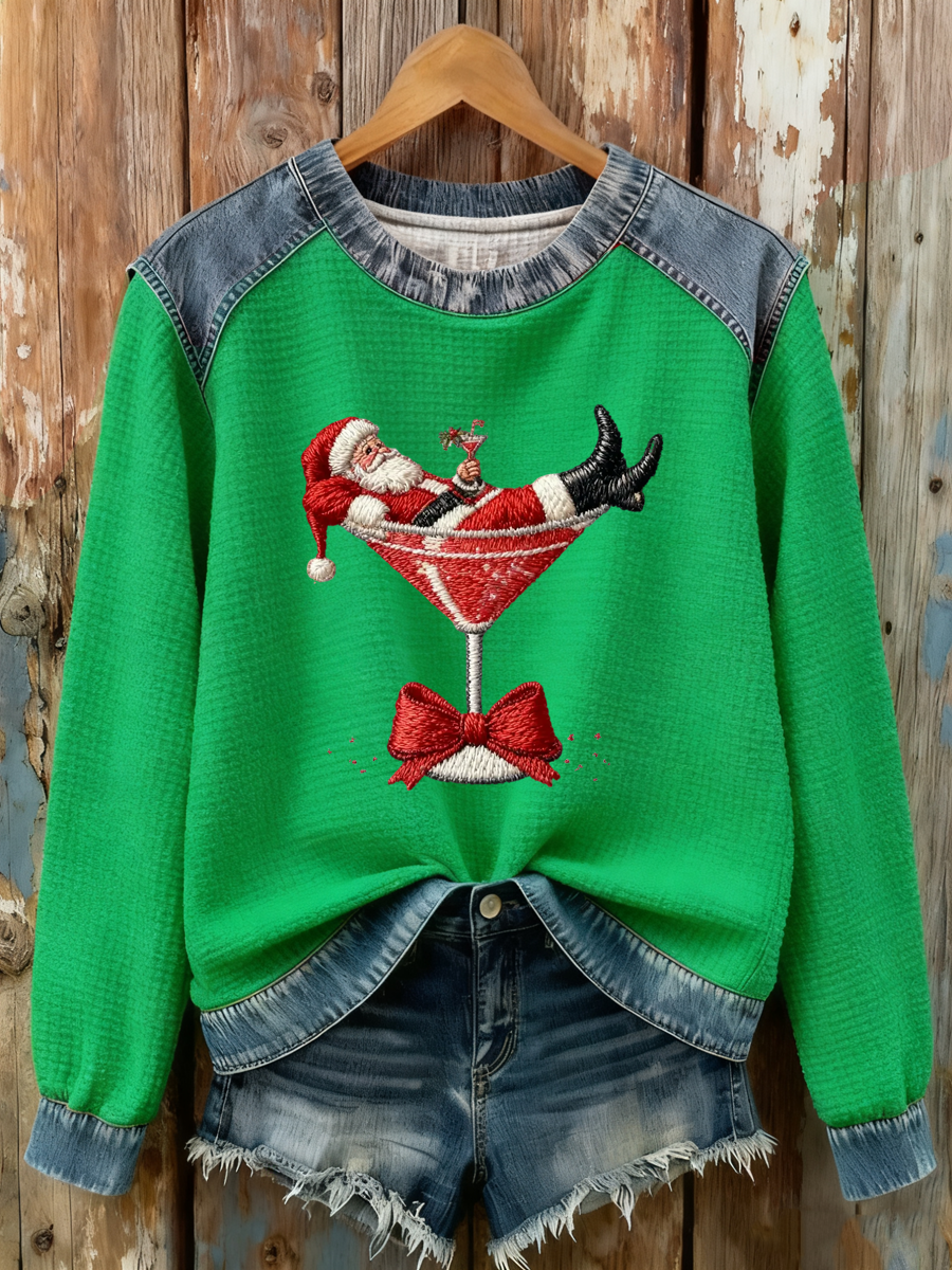 Women's Santa Claus sitting on a wine glass Print waffle Sweatshirt