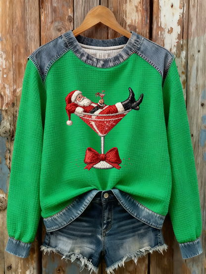 Women's Santa Claus sitting on a wine glass Print waffle Sweatshirt
