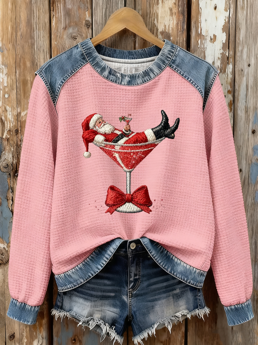 Women's Santa Claus sitting on a wine glass Print waffle Sweatshirt