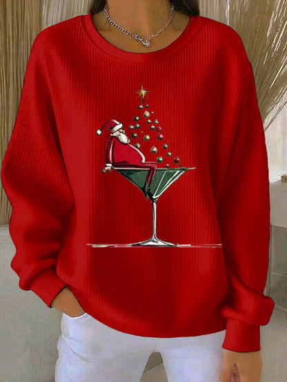 Women's Santa Claus Printed Ribbed Round-Neck Sweatshirt