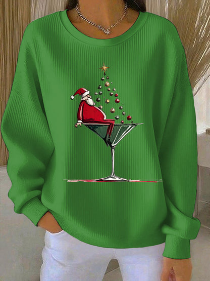 Women's Santa Claus Printed Ribbed Round-Neck Sweatshirt