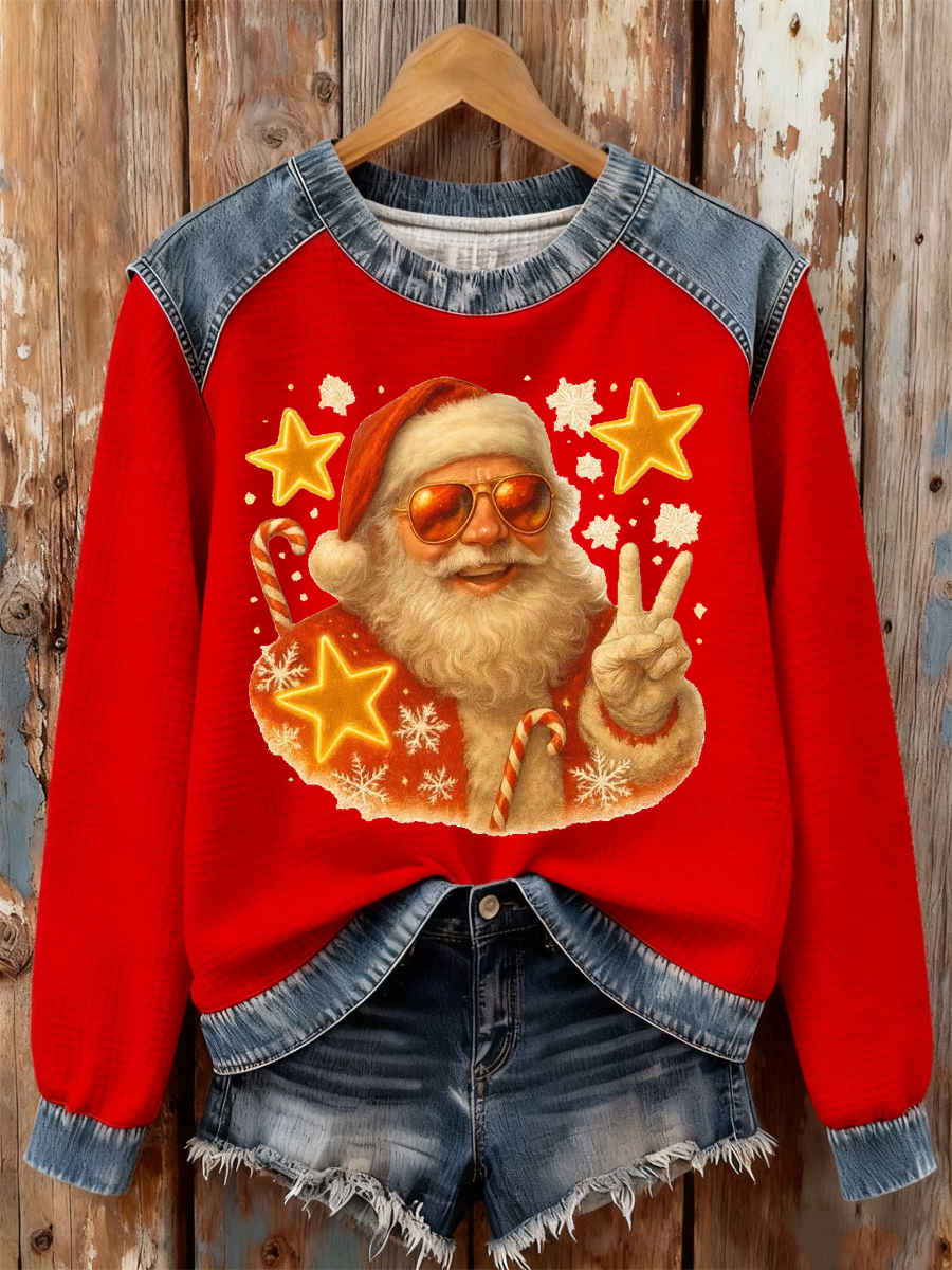 Women's Santa Claus Print Waffle Sweatshirt