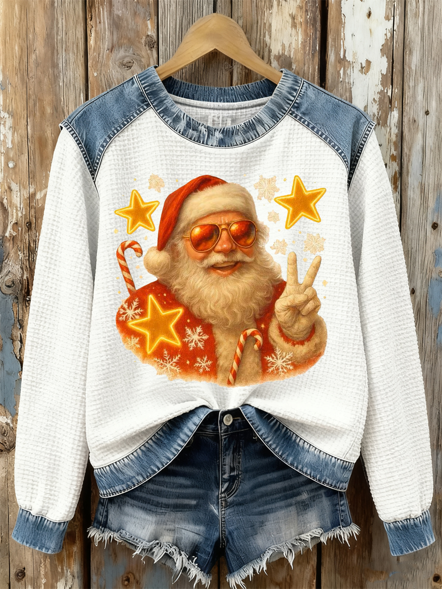 Women's Santa Claus Print Waffle Sweatshirt