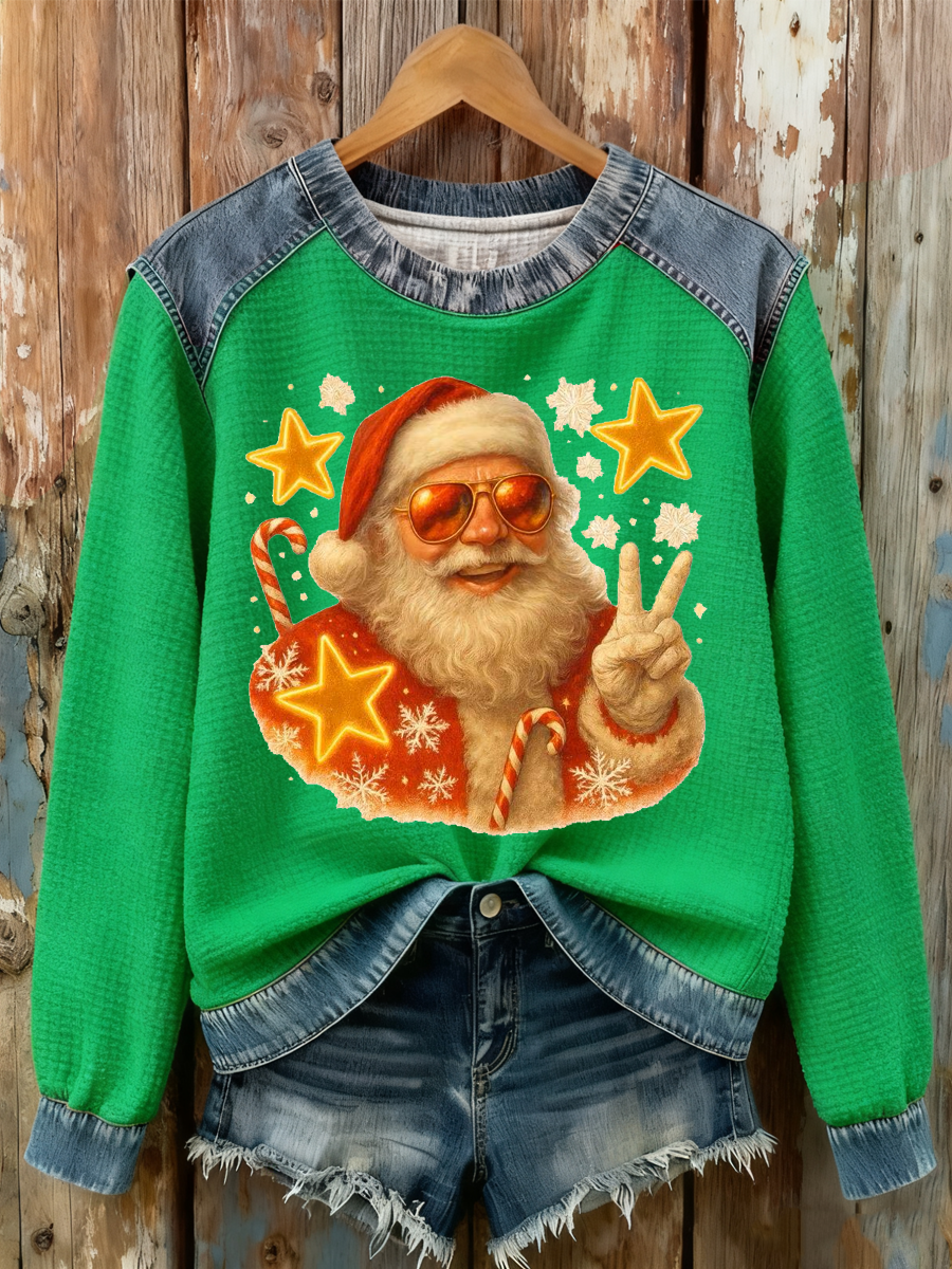 Women's Santa Claus Print Waffle Sweatshirt