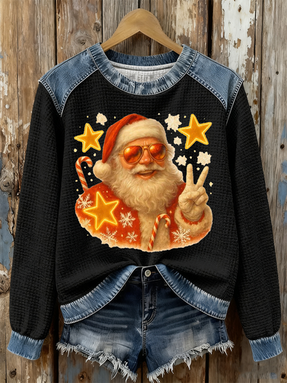 Women's Santa Claus Print Waffle Sweatshirt