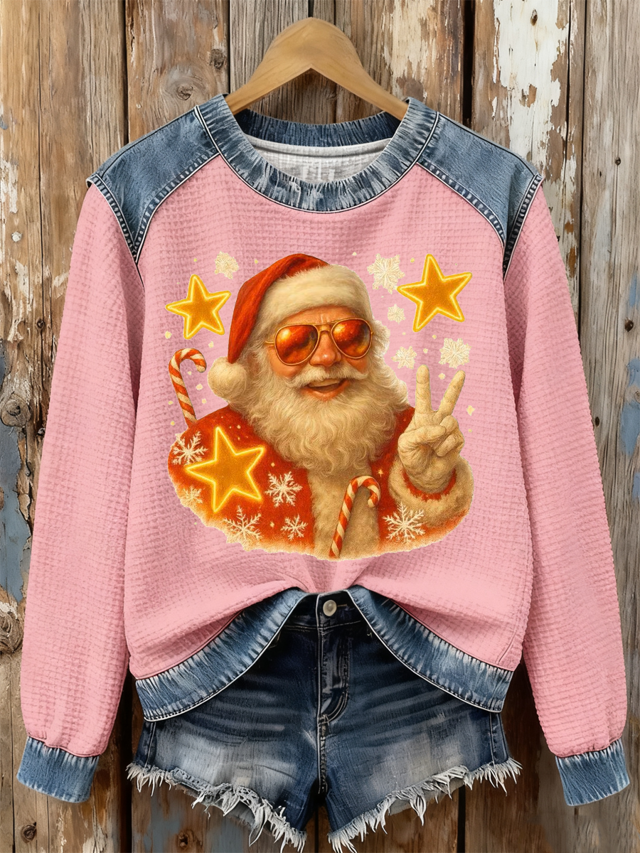 Women's Santa Claus Print Waffle Sweatshirt