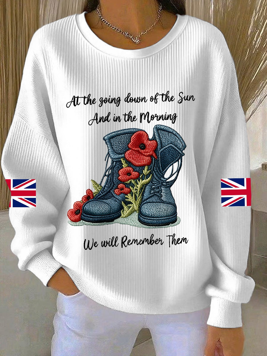 Women's 11th November Remembrance Day LEST WE'S FORGET Poppy Remembrance Ribbed Round-Neck Sweatshirt