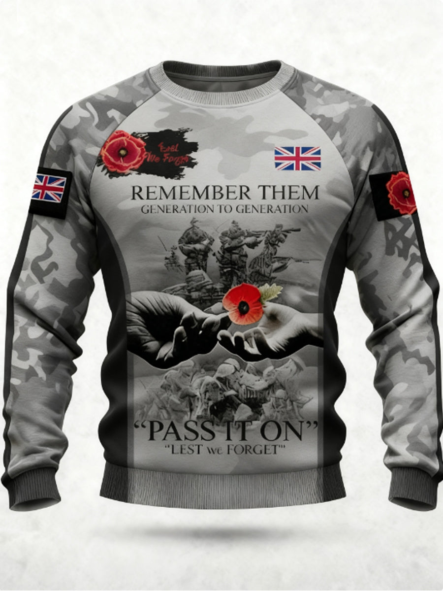 Men's 11th November Remembrance Day LEST WE'S FORGET Poppy Remembrance Crew Neck Sweatshirt
