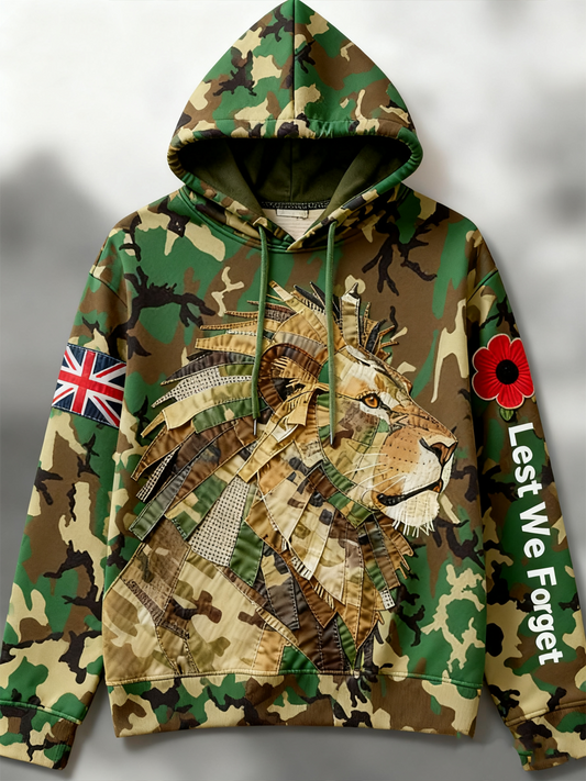 Men's British Lion Print Drop-Shoulder Hoodie (No Pockets)