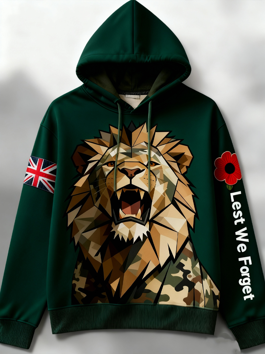 Men's British Lion Print Drop-Shoulder Hoodie (No Pockets)