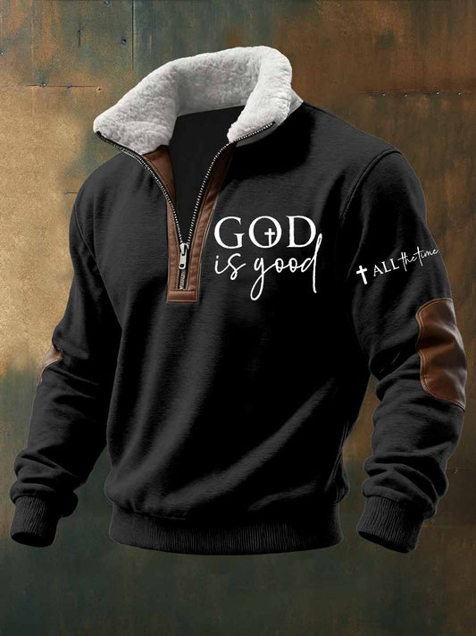 Men's God Is Good Cross Print Zipper Fur Collar Sweatshirt