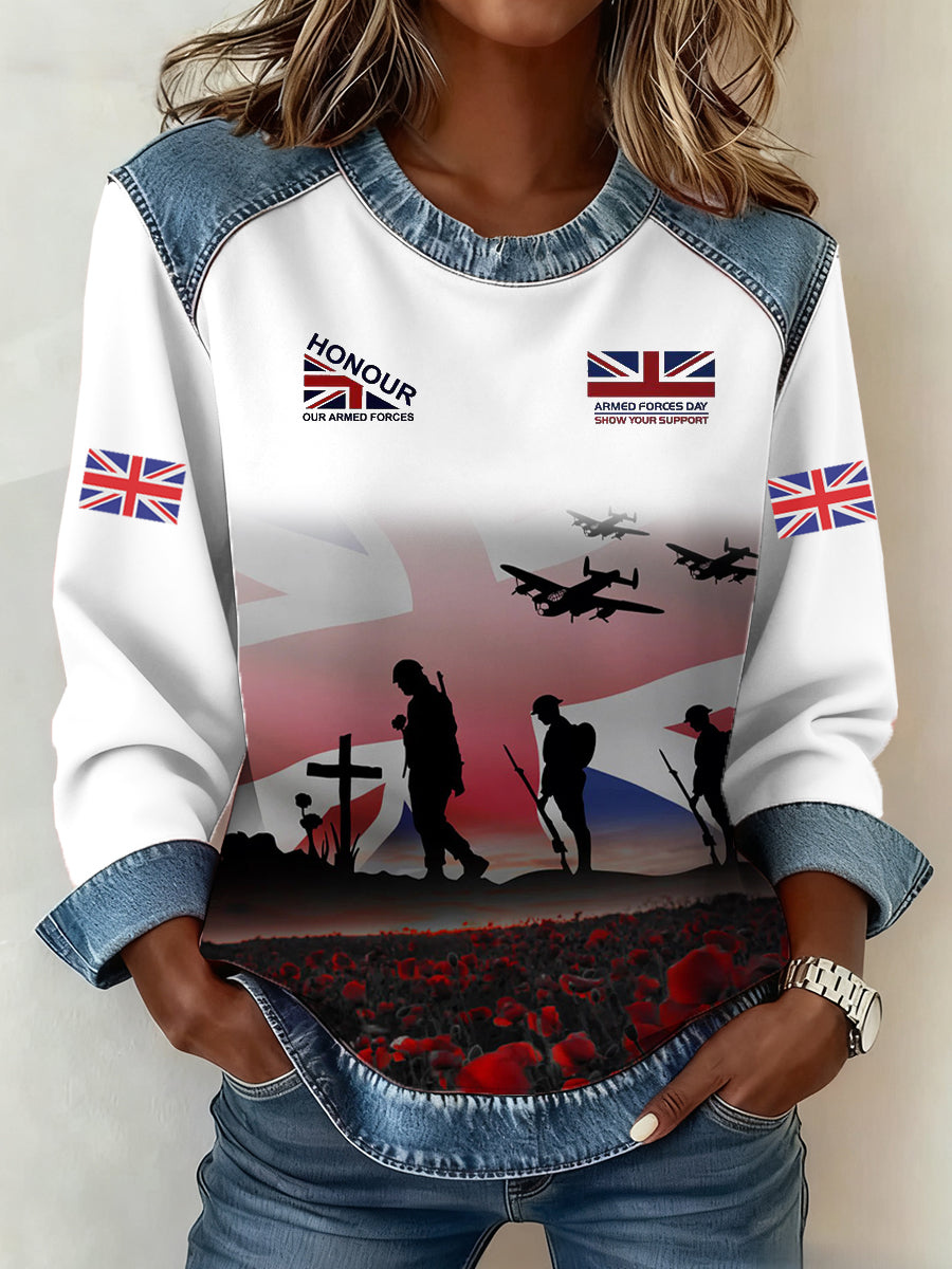 Women's Remembrance Day Lest We Forget Denim Patchwork Sweatshirt