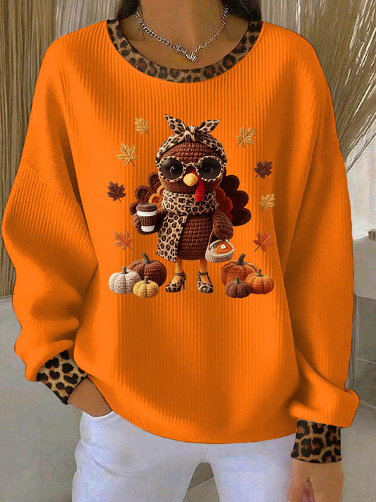 Women's Thanksgiving Print Ribbed Round-Neck Sweatshirt