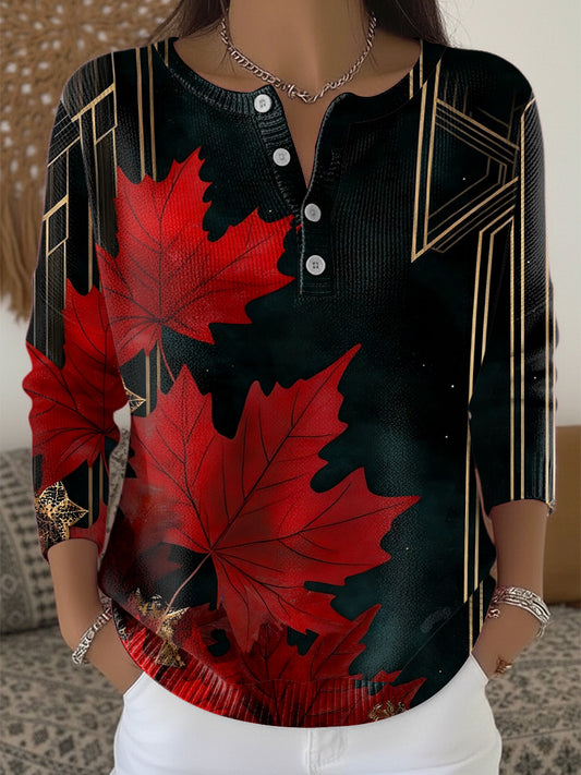Women's Thanksgiving Maple Leaf Autumn Henley Neck Sweater