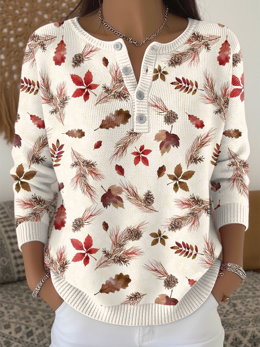 Women's Autumn Thanksgiving Pinecone Henley neck sweater