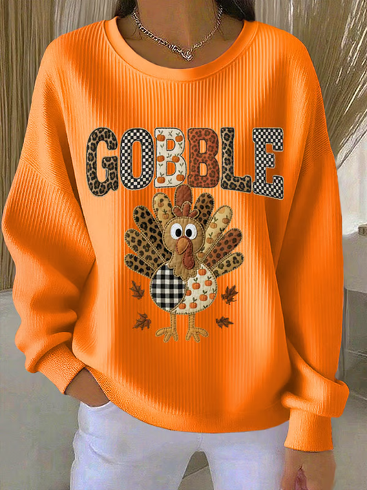 Women's Thanksgiving Print Lapel Long Sleeve Ribbed Round-Neck Sweatshirt