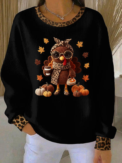Women's Thanksgiving Print Ribbed Round-Neck Sweatshirt