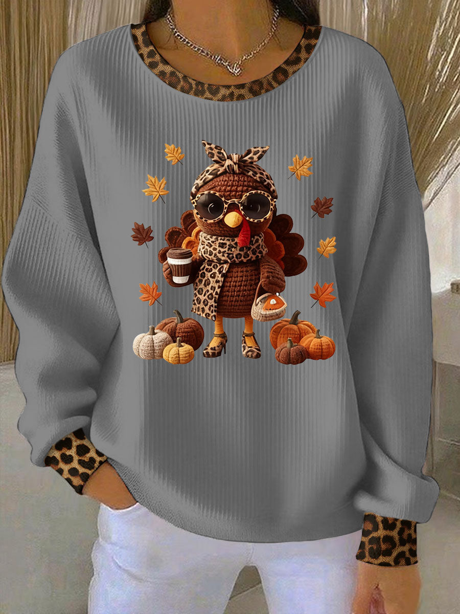 Women's Thanksgiving Print Ribbed Round-Neck Sweatshirt