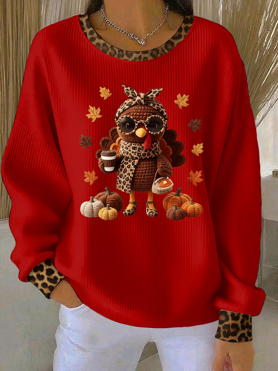 Women's Thanksgiving Print Ribbed Round-Neck Sweatshirt