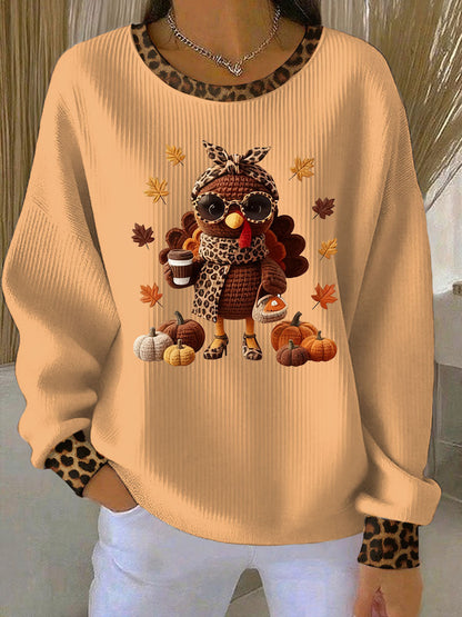 Women's Thanksgiving Print Ribbed Round-Neck Sweatshirt