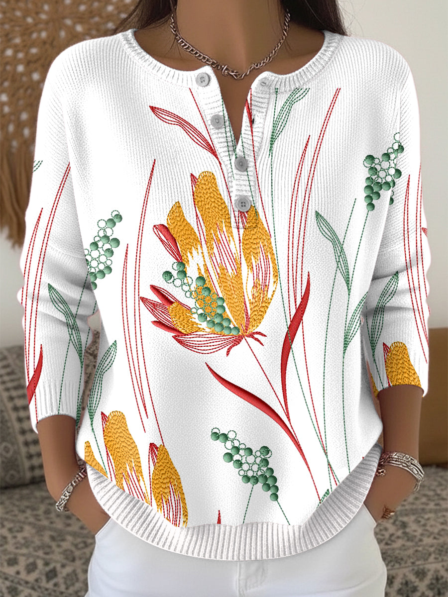 Women's White Thanksgiving Floral Henley neck sweater