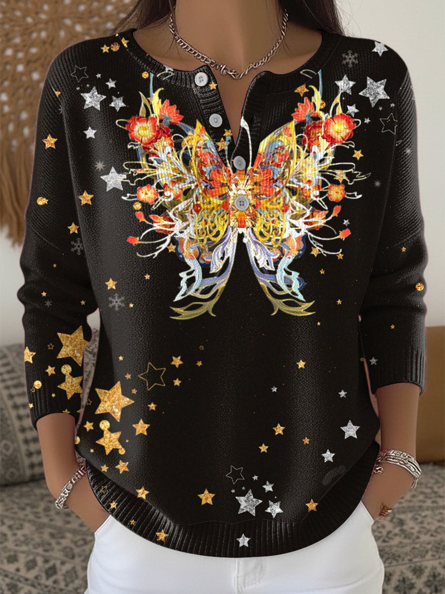 Women's Butterfly and Star Henley neck sweater