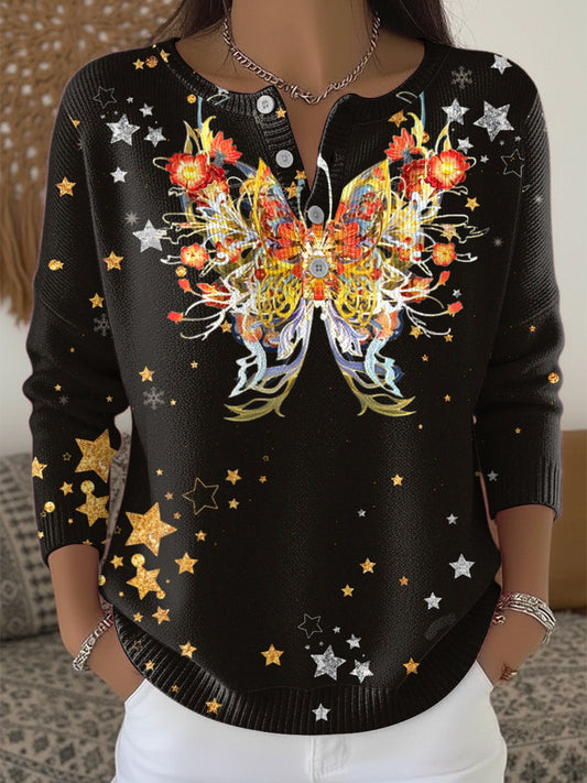 Women's Butterfly and Star Henley neck sweater