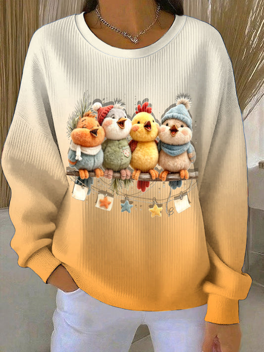 Women's Adorable Bird Thanksgiving Loose-Fit Crewneck Pullover