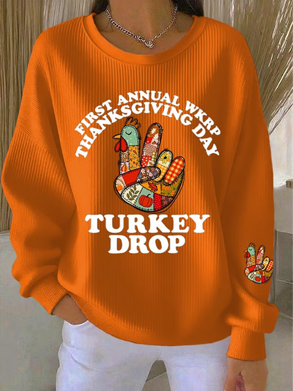 Women's Thanksgiving Turkey Print Casual Ribbed Round-Neck Sweatshirt