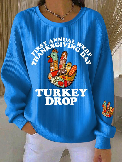 Women's Thanksgiving Turkey Print Casual Ribbed Round-Neck Sweatshirt