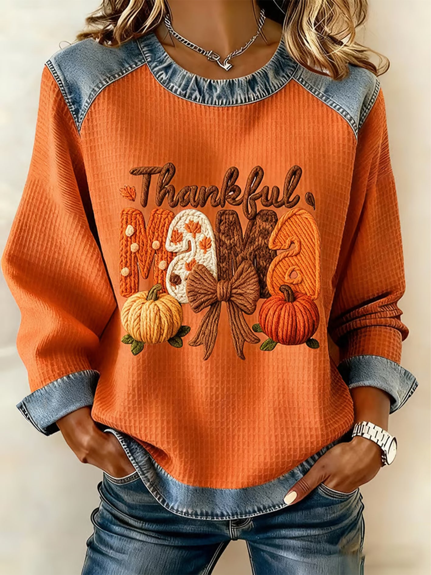 Women's Thanksgiving Print Waffle Sweatshirt