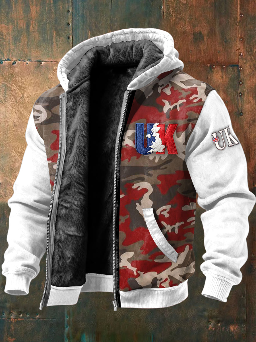 Men's British Flag Camouflage Patchwork Fleece-Lined Jacket