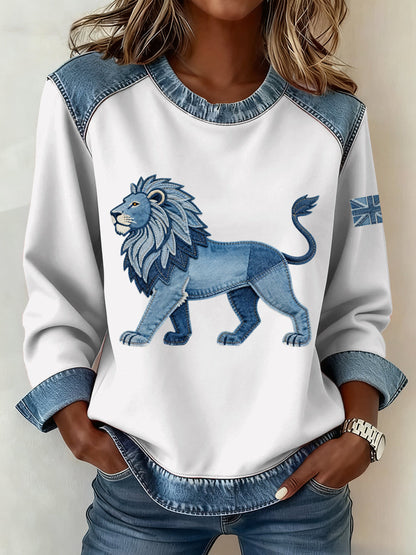 Women's British Style Denim Lion Patchwork Art Sweatshirt