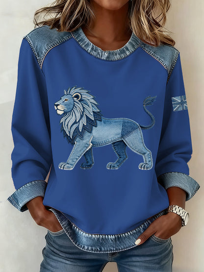 Women's British Style Denim Lion Patchwork Art Sweatshirt