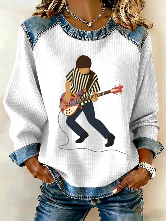 Women's Lemon Roses Music Lover Denim Patchwork Top